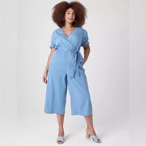 Lane Bryant Short Puff Sleeve Belted Chambray Jumpsuit NWT